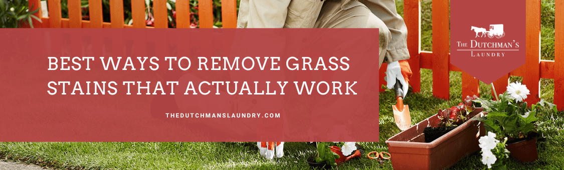 Person gardening near a wooden fence with the text: "Best ways to remove grass stains that actually work. thedutchmanslaundry.com.